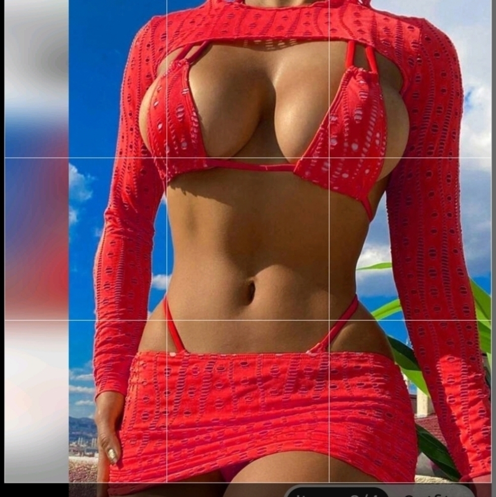 Red Sexy 4 Piece Triangle Bikini Top Thong Bottom Cover Up And Wrap Size Large